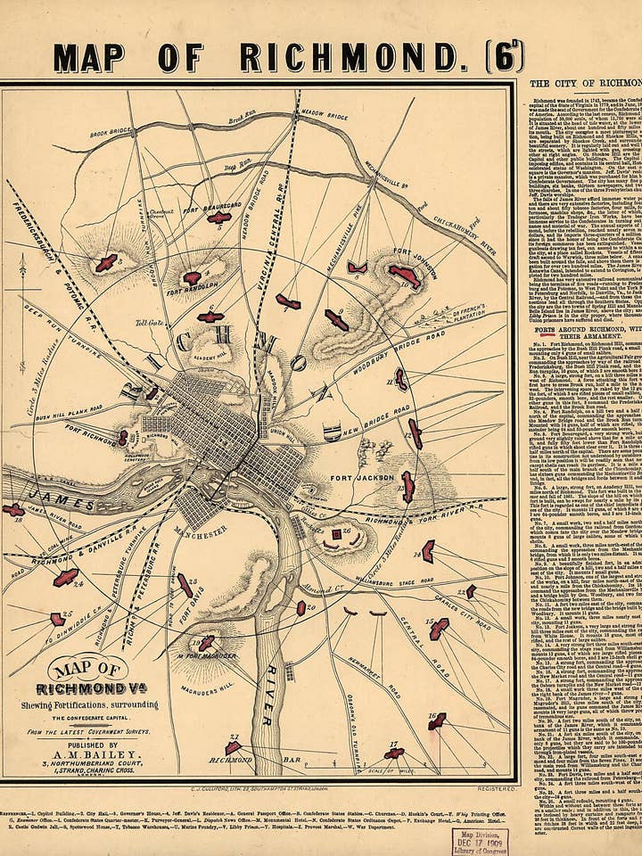 Mapa de Richmond, Va., Mostrando las Fortificaciones que Rodean la Capital Confederada. de los Últimos Estudios del Gobierno 1860 para venta al por mayor de Relic Map Co.