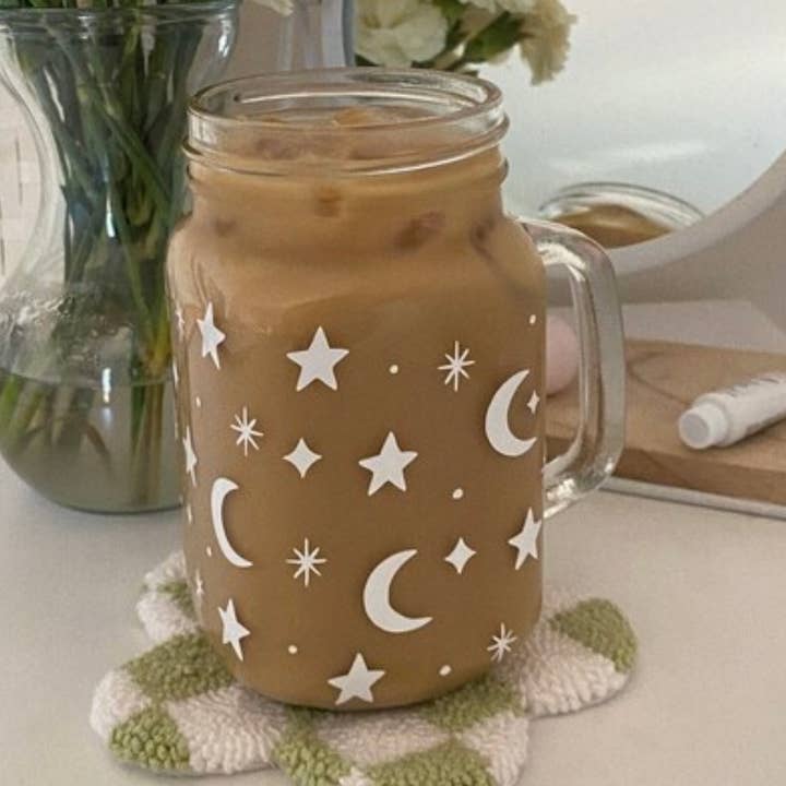 Moon and star print glass mason jar mug for wholesale by Joyful Szn