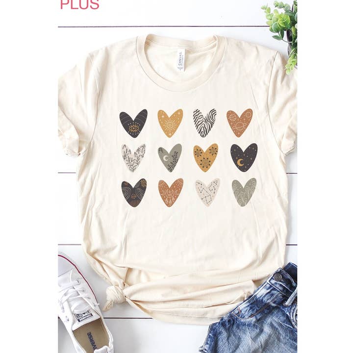 Boho Hearts Earthy Colors PLUS SIZE Graphic Tee for wholesale by Kissed Apparel