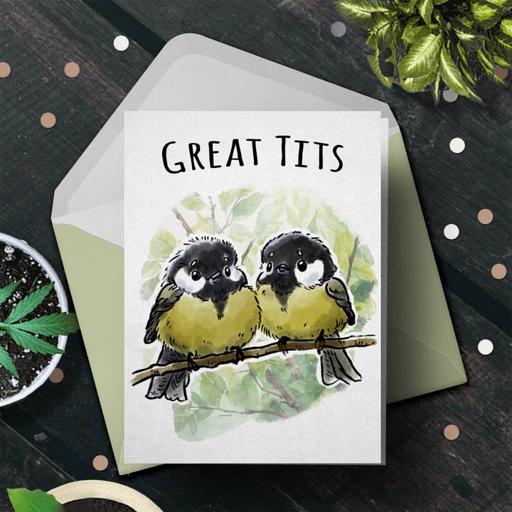 "Great Tits" Funny Lewd Bird Lover Card, Kinky Valentine for wholesale by Aaron Millard Illustration