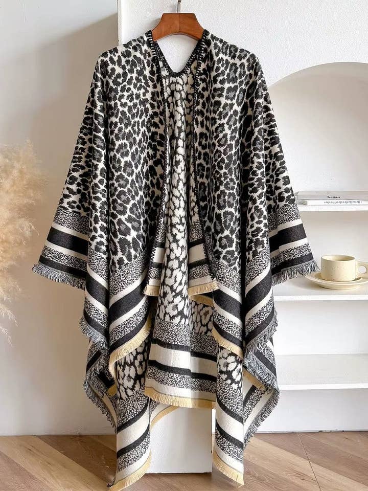 WCR520153 Raw-Edge Leopard Ruana Wrap for wholesale by MiMi Wholesale