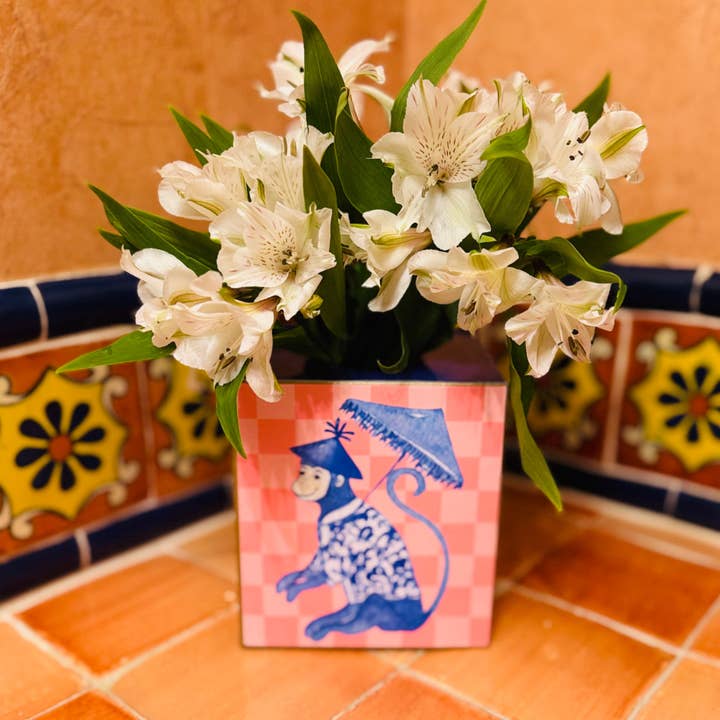 TOPICS IN THE TROPICS - Venta al por mayor Cajas de pañuelos - Caja de Kleenex de papel maché, Chinoiserie de mono, Cuadros rosas4