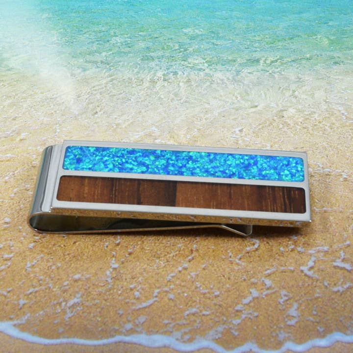 Paradise Treasures Jewelry - Wholesale Money Clip - Unisex - Hawaiian Large Genuine Koa Wood Blue Opal Money Clip, Stainless Steel Koa Wood Blue Opal Inlay Money Clip, Christmas Birthday Gift1