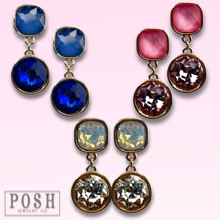 Pink Panache Brands - Wholesale Dangle Earrings - Round and square rhinestone dangle earring