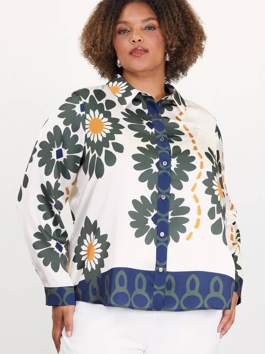 Plus Size Border Printed Long Sleeve Button Down Blouse for wholesale by SKIES ARE BLUE