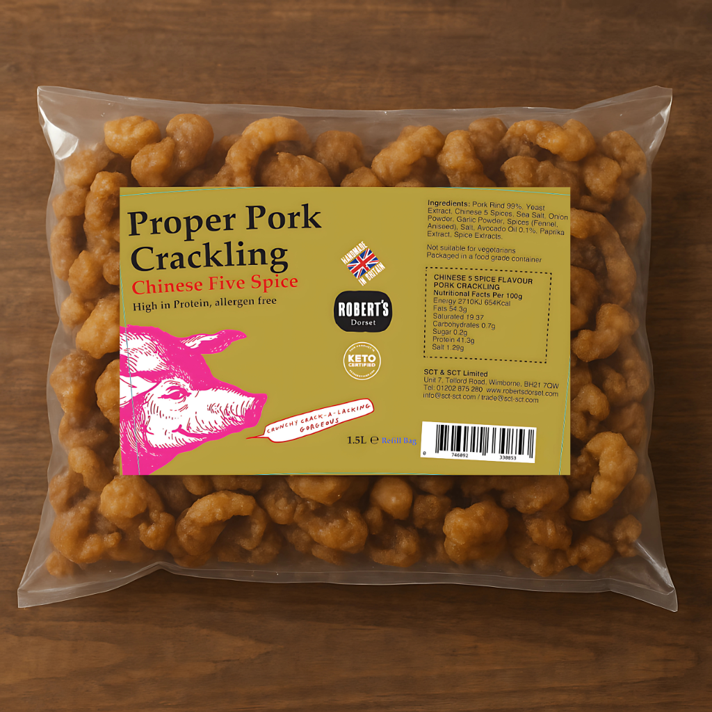 Robert’s Dorset – wholesale Puffed snack – Proper Pork Crackling 1.5L / 400g Refill Bag2