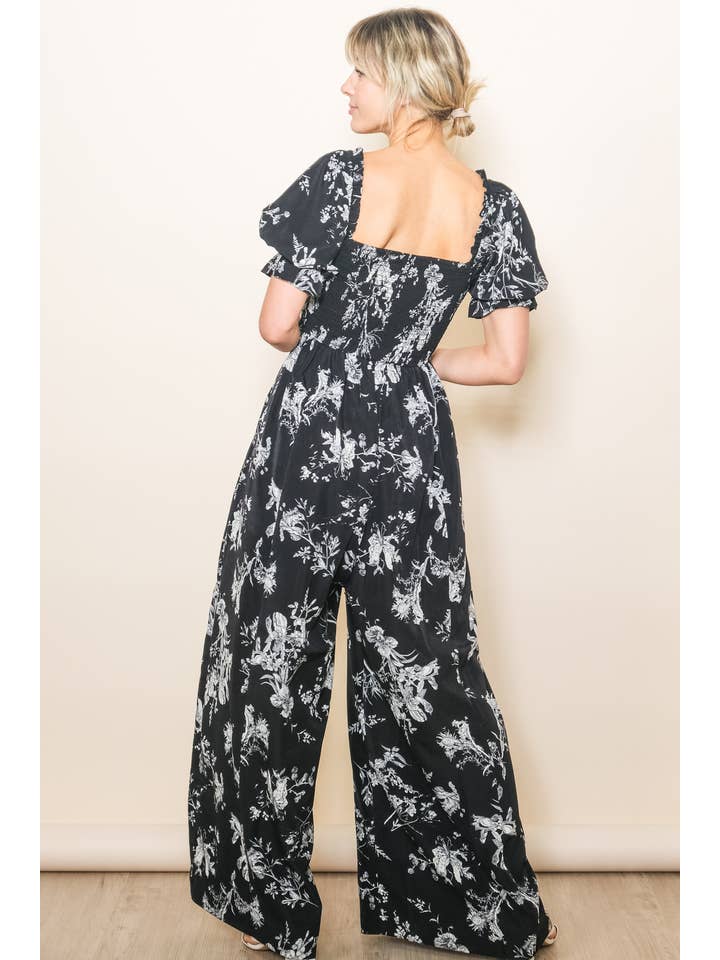 Elloh Collection - Wholesale Jumpsuit - Women's - Square Neck Puff Sleeve Wide Leg Antique Floral Jumper 3