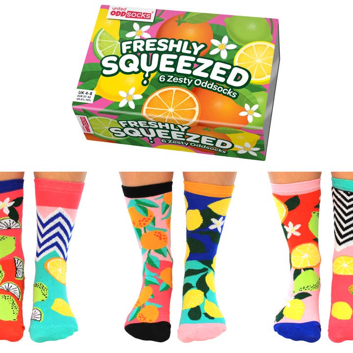 Sock Academy – wholesale Socks – Unisex – FRESHLY SQUEEZED | 6 Odd Socks Gift Box - United Oddsocks