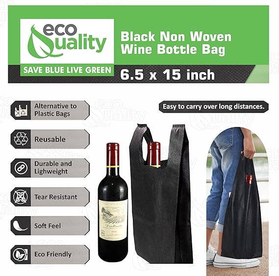 EcoQuality – Saco de mercearia/compras por atacado – Sacola preta reutilizável em tecido não tecido para uma garrafa de vinho1