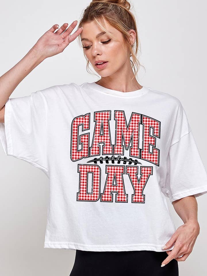 COLORBEAR - Wholesale T-Shirt (Graphic) - Women's - Red Gingham Game Day Graphic Relaxed Crop Top0