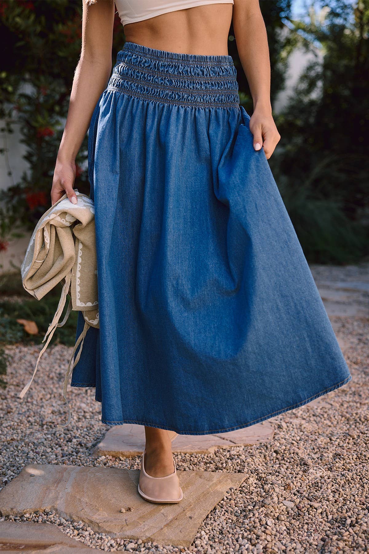 Smocked Waistband Denim Skirt - RS1034 for wholesale on Faire7