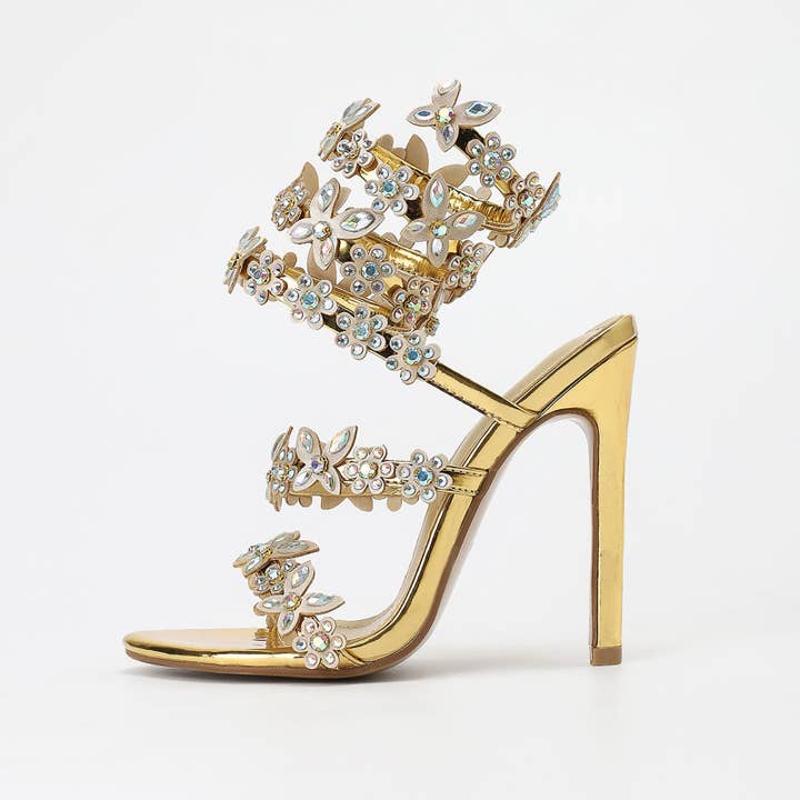 Serene Couture – wholesale Högklackade skor - Dam – Guld Silver Färg 11cm Stilett Rund Tå Satin Blommig Dröm Färg Strass Höga Klackar Sandaler Sommar Klackar