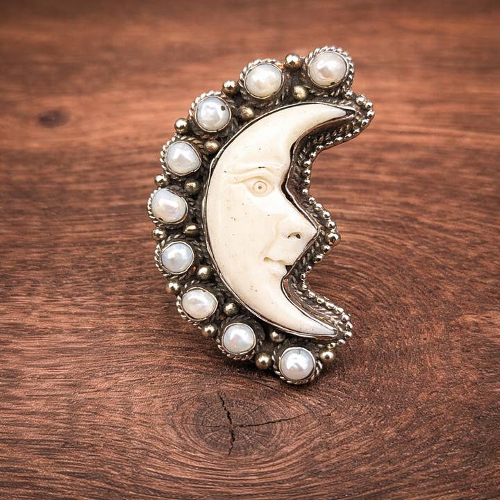 Bone Moon & Pearl Tibetan Adjustable Ring for wholesale by ZINC Designs