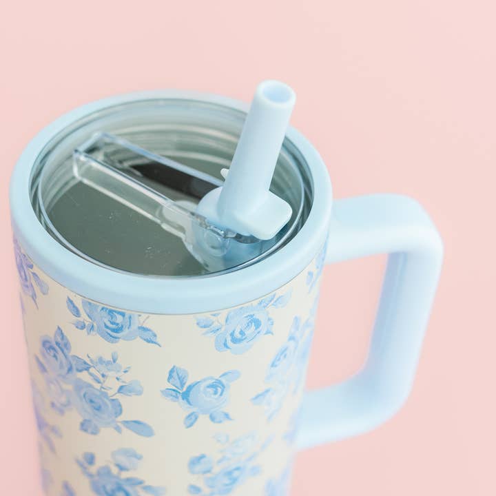 Rock Paper Scissors - Wholesale Insulated Mug/Tumbler - Cream & Blue Floral 40oz Tumbler with Spill Proof Lid