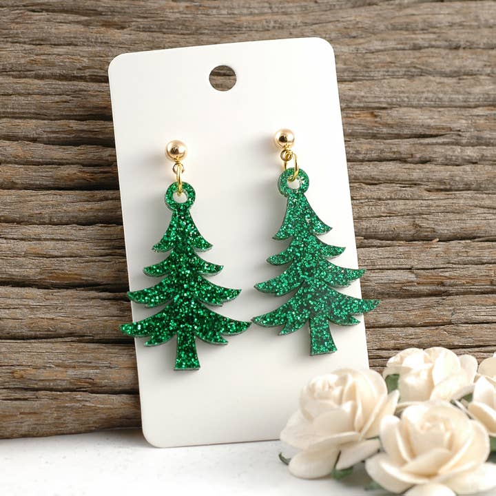 Christmas Tree Green Glitter Dangle Post Earrings - Acrylic for wholesale by Rocky Mountain Shops