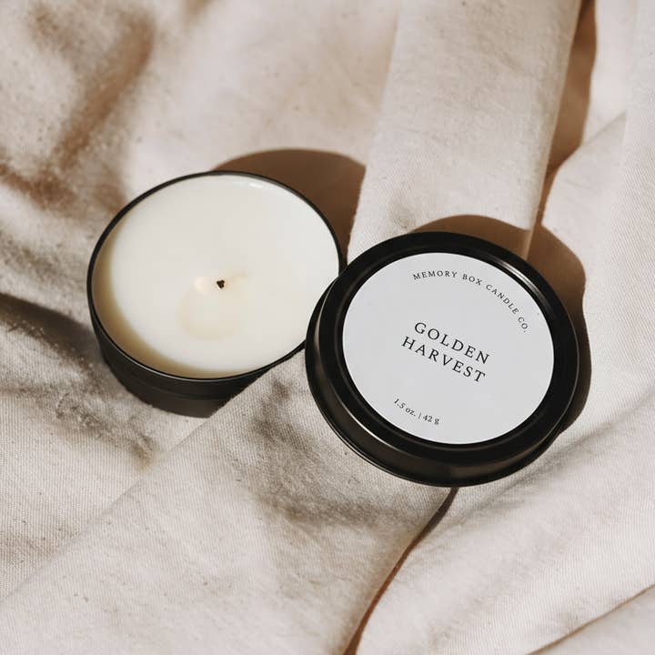 Soy Candle - Golden Harvest - 1.5 oz Black Travel Tin for wholesale by Memory Box Candle Co.