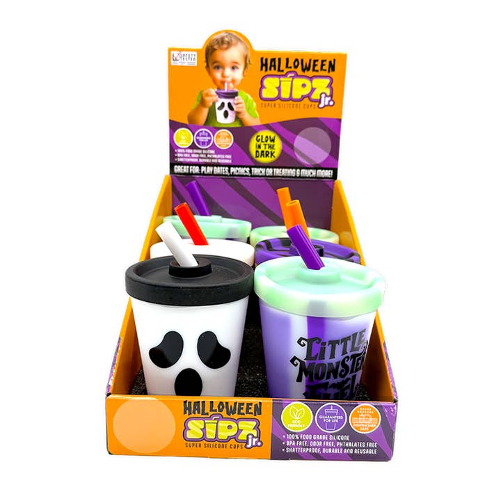 Novelty Brands - Wholesale Drinking Glass/Cup - Kids & Baby - Halloween 8oz Silicone Kids Cup with Lid & Straw - 6/Display