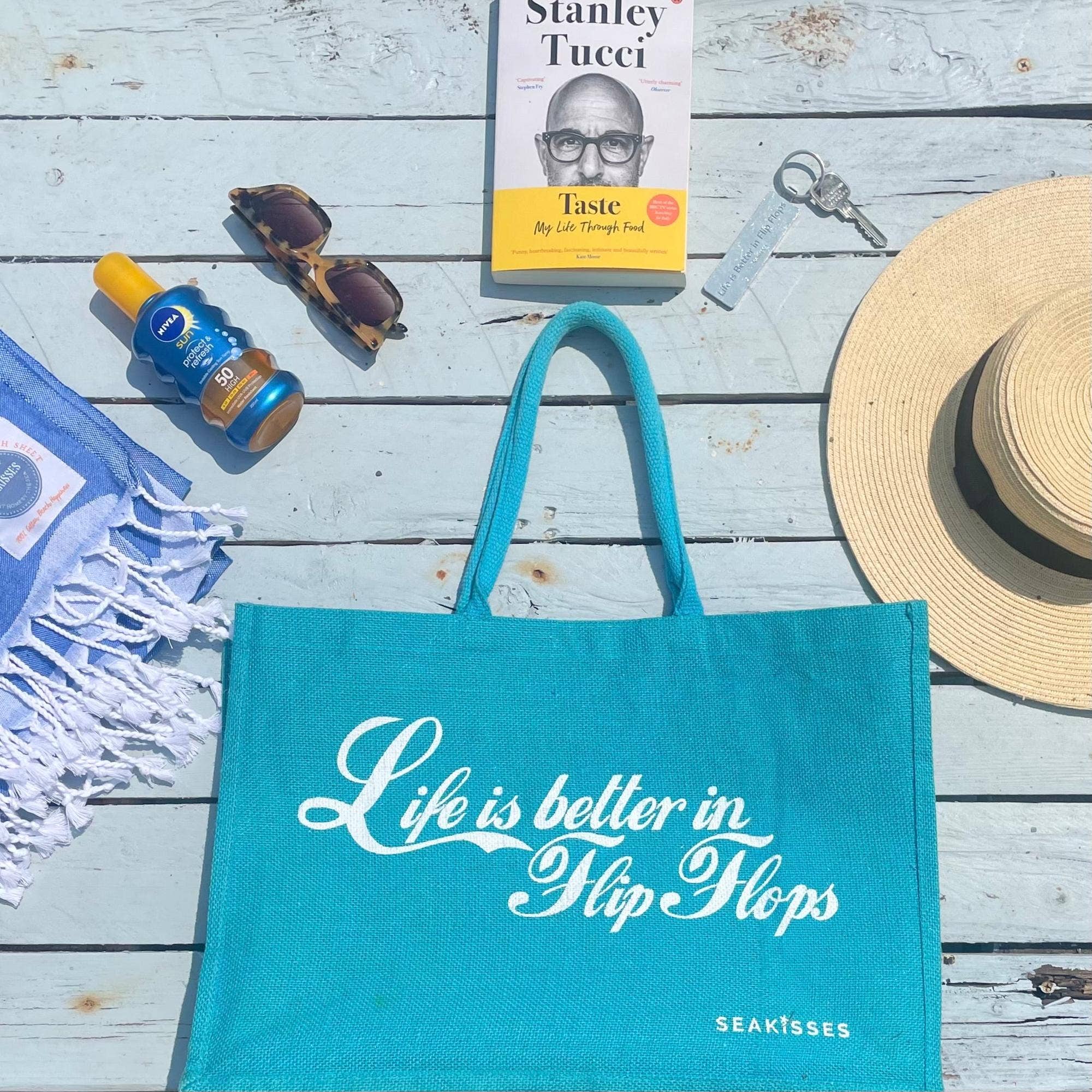 SeaKisses - Vente Tote bag – femme - Life is Better in Flip Flops, jolis sacs en jute dans un choix de couleurs10