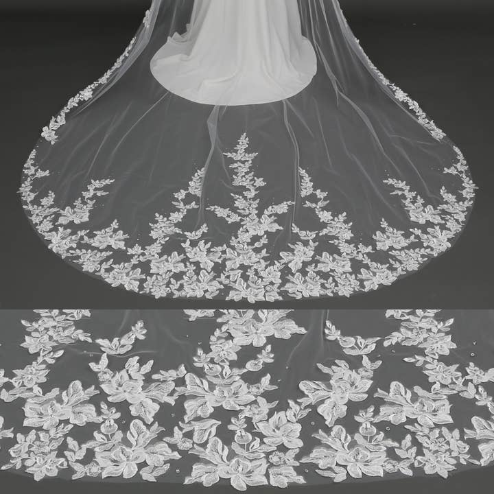 Voile de mariée en dentelle brodée florale avec cristaux FS6224A 120" pour la vente par Farinosa Bridal