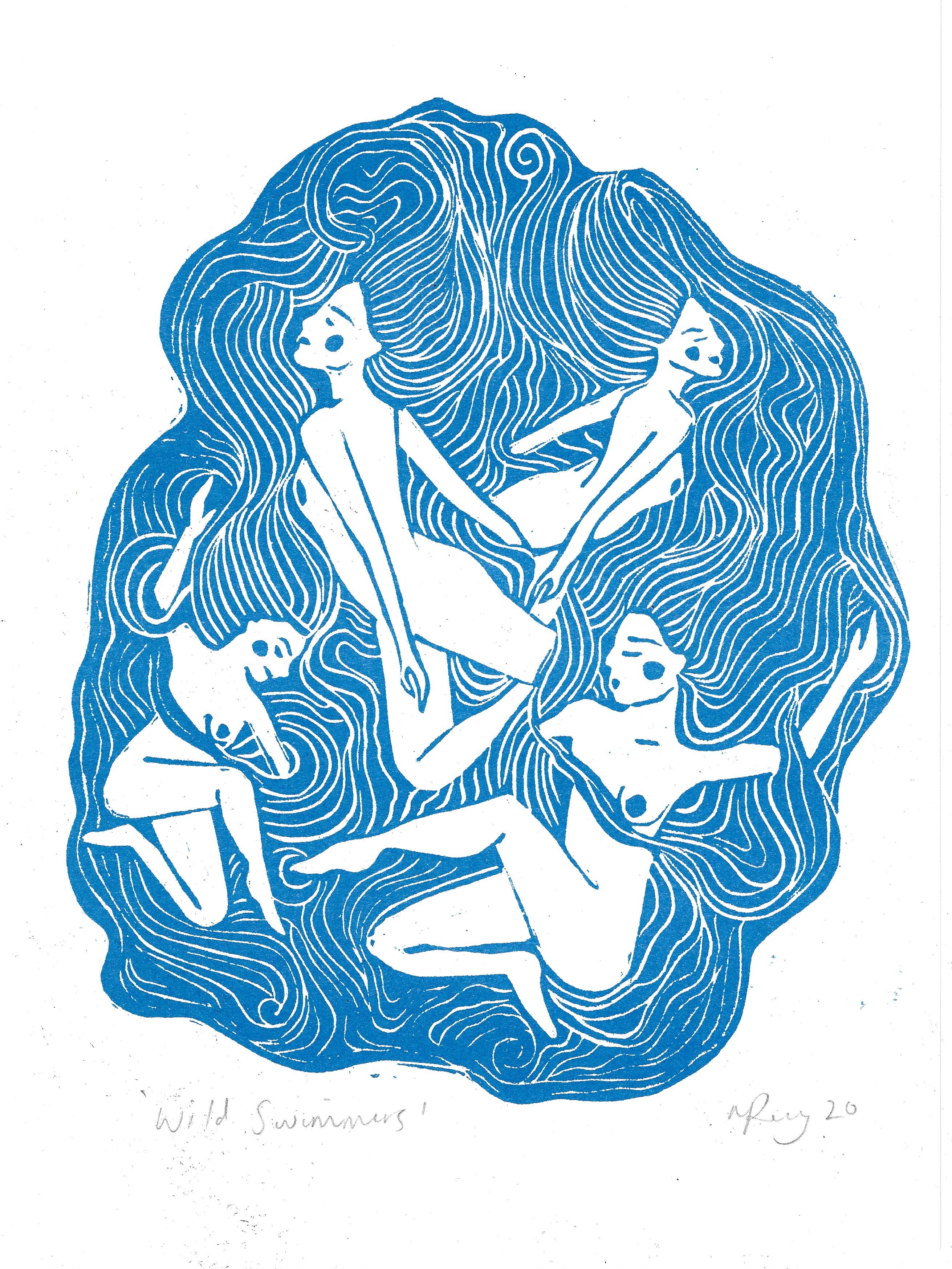 Prints by the Bay - Wholesale Art Print - Wild Swimmers riso print, women, friends, sea, ocean1