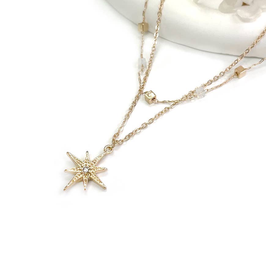 StarryNYC - Wholesale Pendant/Charm Necklace - Starburst Pendant w/ CZ Stone 2 Low Square Beaded Necklace4