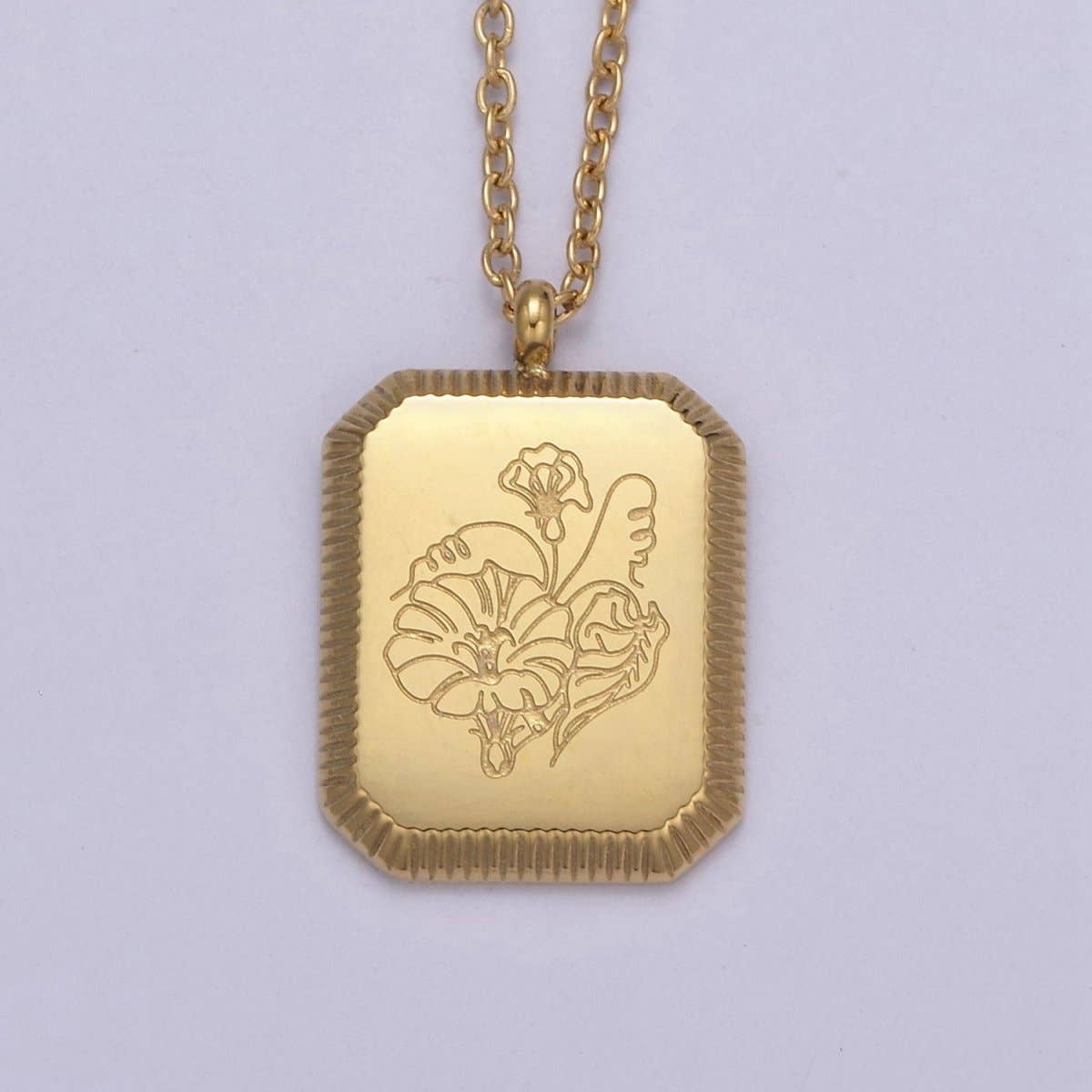 Aim Eternal - Wholesale Pendant/Charm Necklace - Gold Flower Tag Charm Engraved Floral Pendant Necklace with Cable Chain Necklace Wholesale Fashion Jewelry | WA-649 to WA-660 Clearance Pricing7