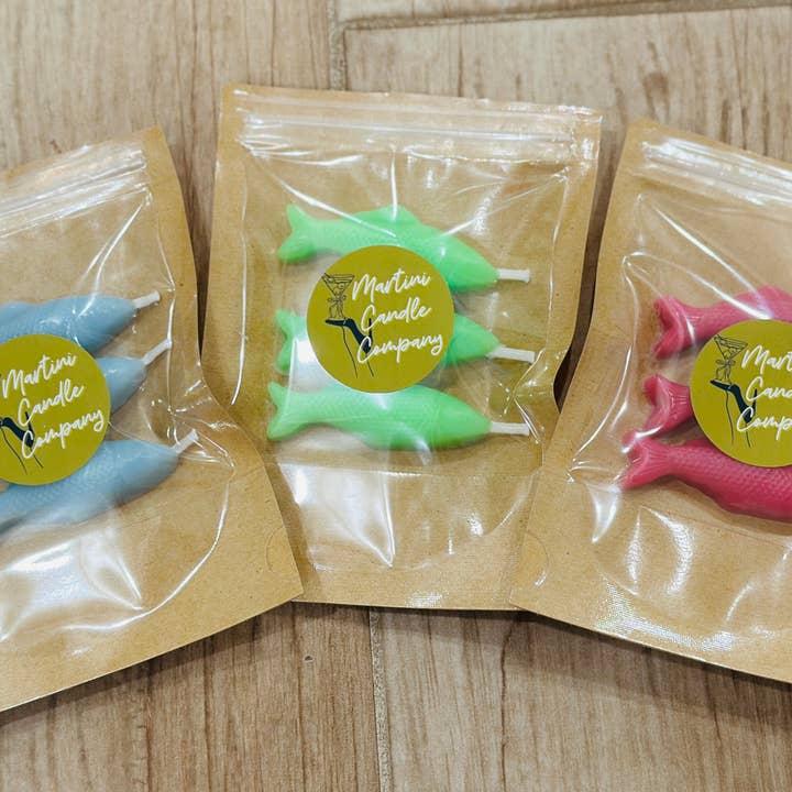 Martini Candle Co. - Wholesale Novelty Candle - Set of 3 Fish Candle Cake Topper Handmade Beeswax
