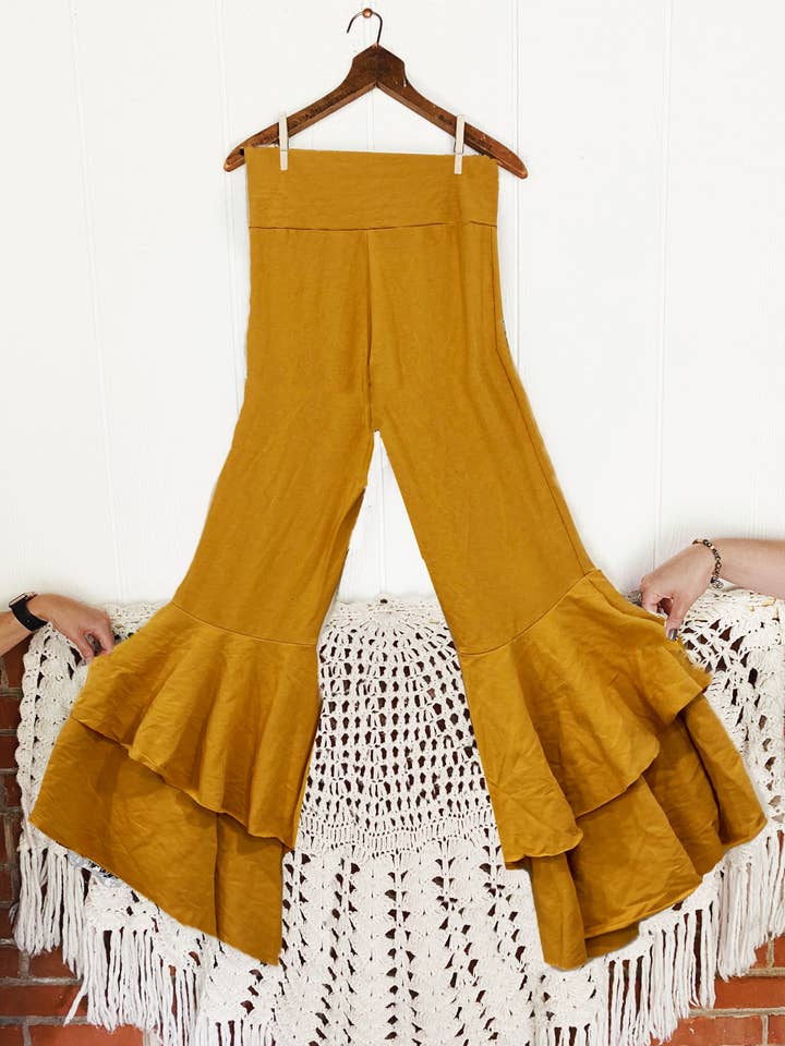 RUFFLE BELL BOTTOM SOLID FLARES in MUSTARD for wholesale by Kantha Bae