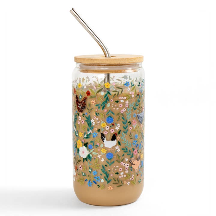 Paper Farm Press - Wholesale Drinking Glass/Cup - Chickens & Flowers Glass Can2