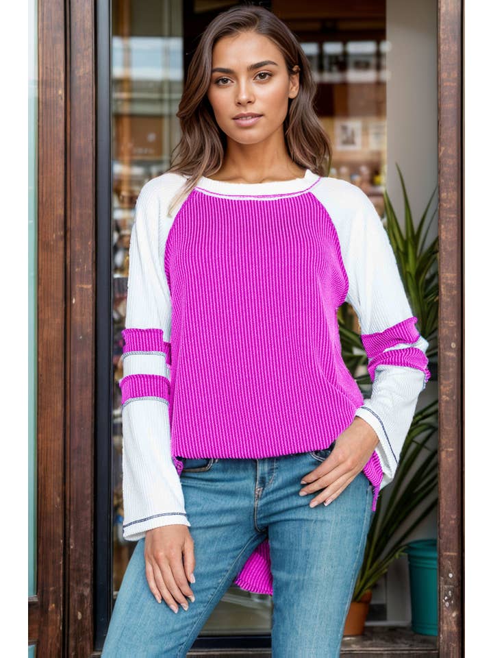 Burgundy Apparel - Wholesale Tunic - Women's - WAVE RIB TUNIC WITH CONTRAST SLEEVES