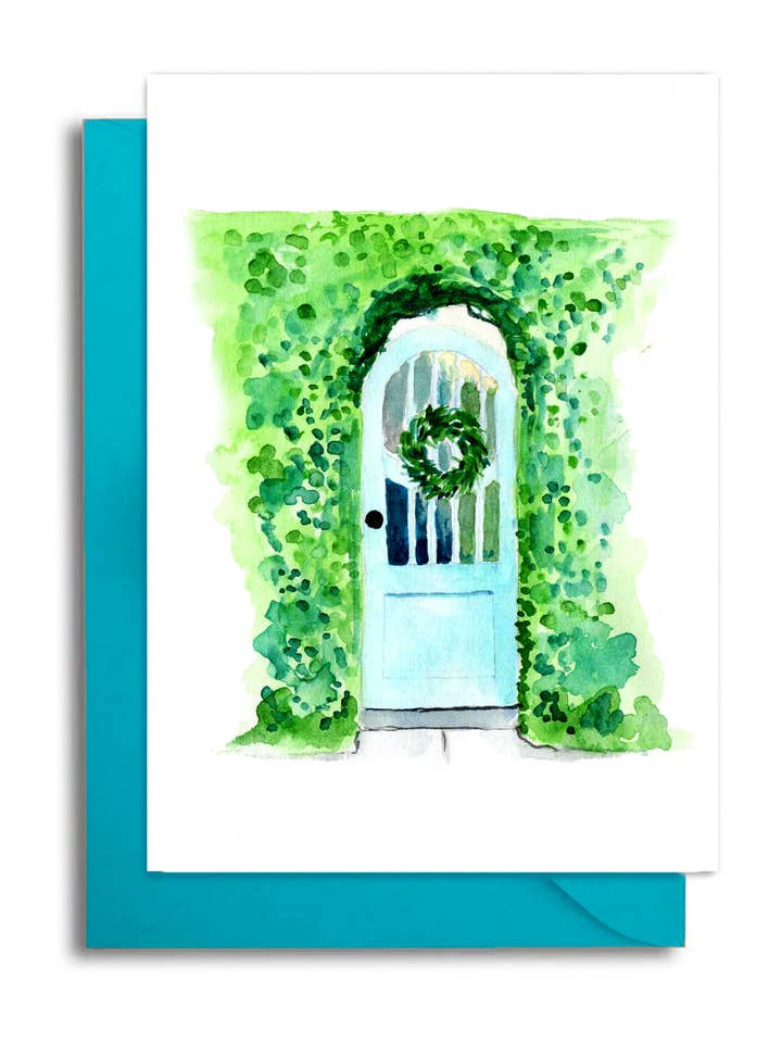 Charleston Note Card - Teal Garden Door med krans for engroshandel hos Slow Poke Press