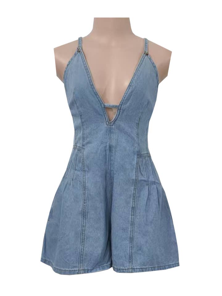 Rosa Clothing - Wholesale Romper - Women's - Western cowgirl Style chill Denim romper strappy shortall9