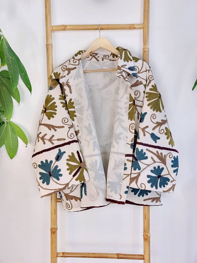 Essential Designs London – wholesale Jacket – Women's – Suzani Hand Embroidered Short Jacket | Autumn Winter Boho Uzbek Kashmir Crewel | Christmas Special Gift | Classic ElegantWhite Olive Teal8