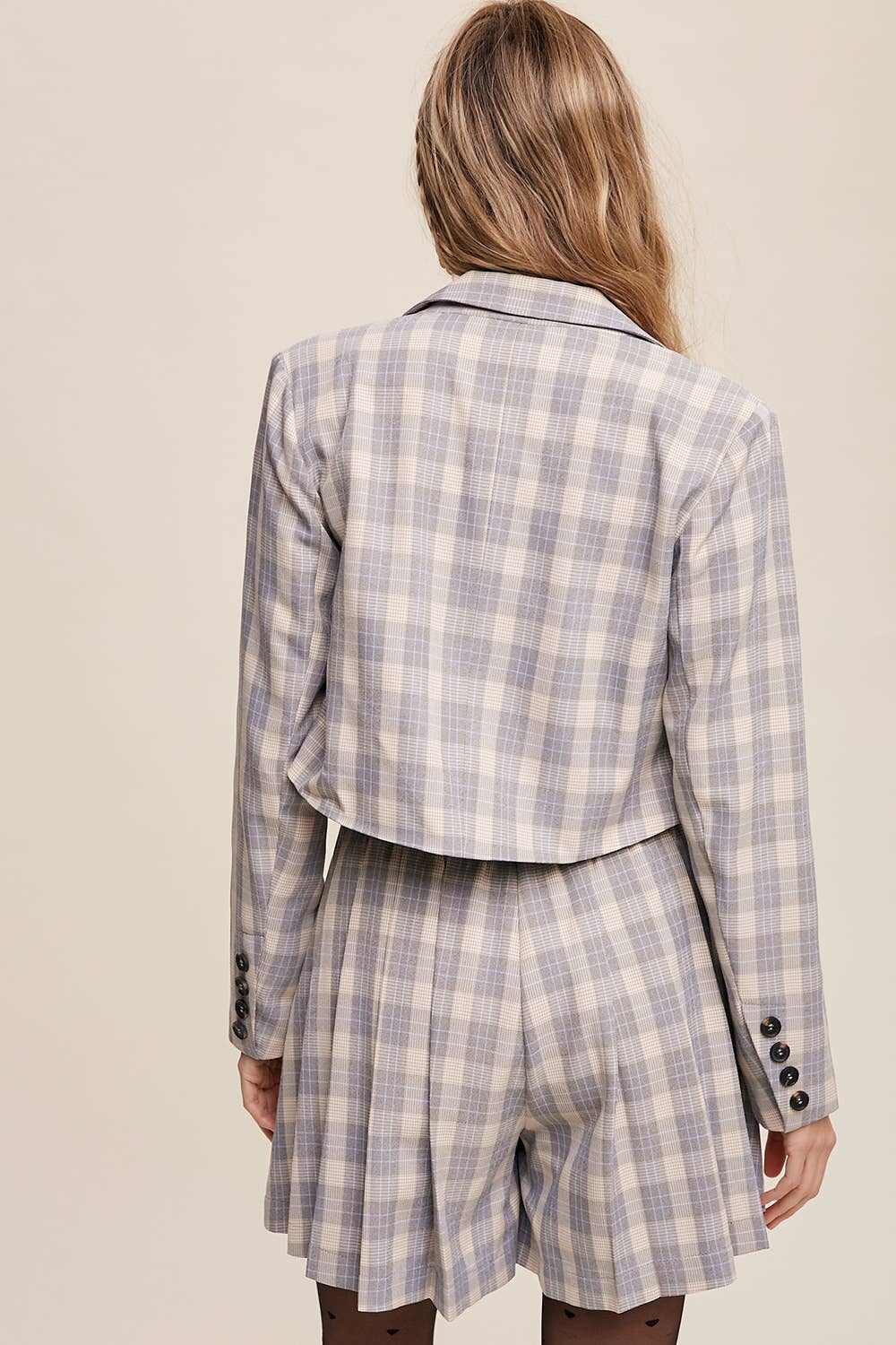 Listicle - Wholesale Top & Short Set (NOT Loungewear) - Women's - Plaid Cropped Blazer & Pleated Skort Set LSET1259
