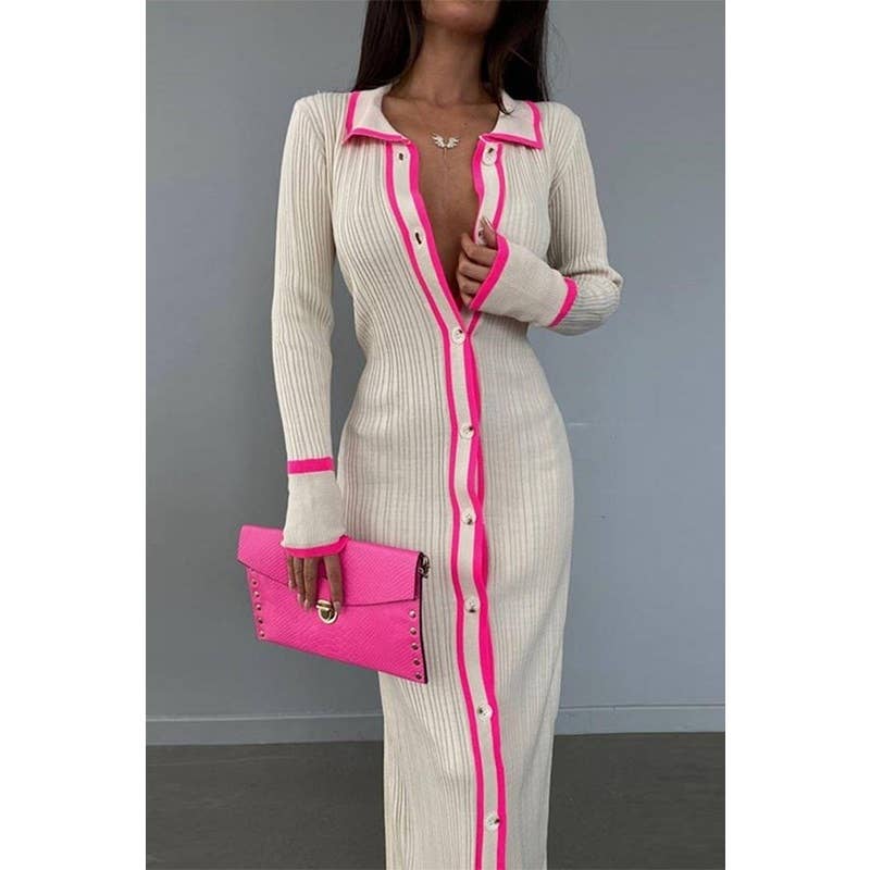 Paperdoll - Vendita all'ingrosso Vestito - Donna - Abito cardigan patchwork con colletto sottile 4