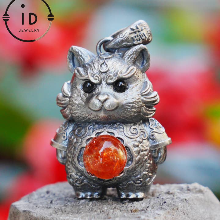 Colgante de Tigre en Plata de Ley 925 con Piedra del Sol y Ónix Negro, Amuleto de Collar Totémico Vintage, Regalo para Hombres Cumpleaños Navidad para venta al por mayor de idjewelry