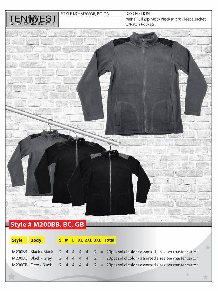 Herren-Fleecejacke mit Reißverschluss schwarz für den Großhandel von Ten West Apparel