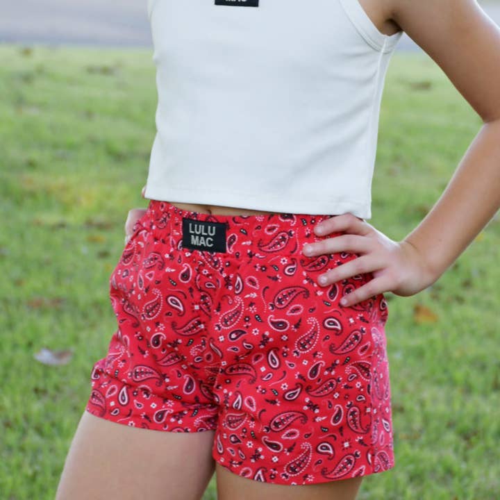 LM-KSH-1001-Red Bandana KIDS SHORTS for wholesale by Girlie Girl Originals