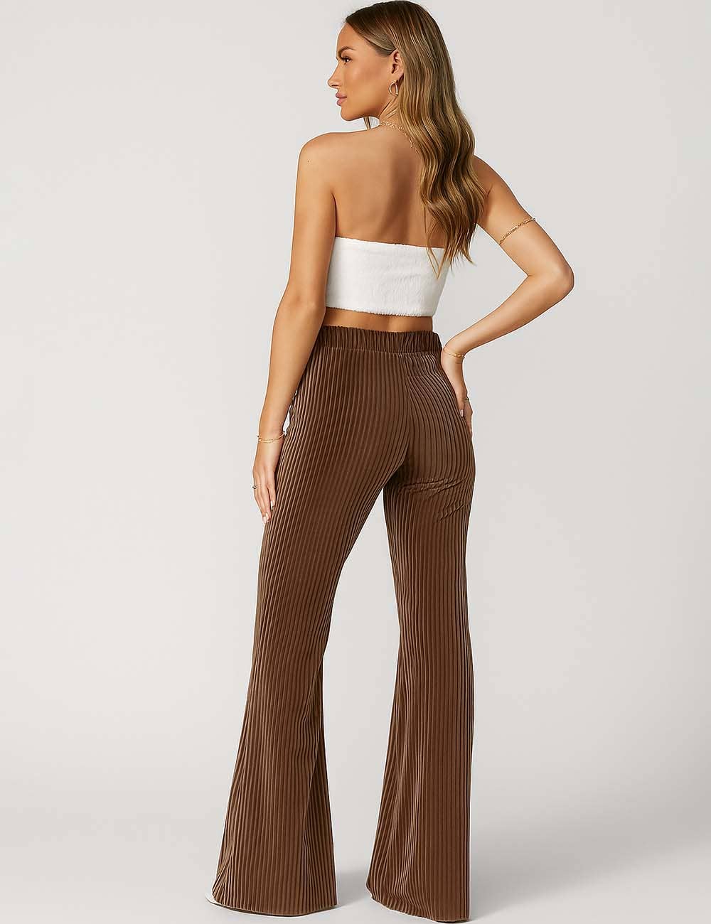 Sweetkama - Vendita all'ingrosso Pantalone - Donna - Pantaloni in Velluto a Coste da Donna a Vita Elastica a Tinta Unita Leggermente Svasati3