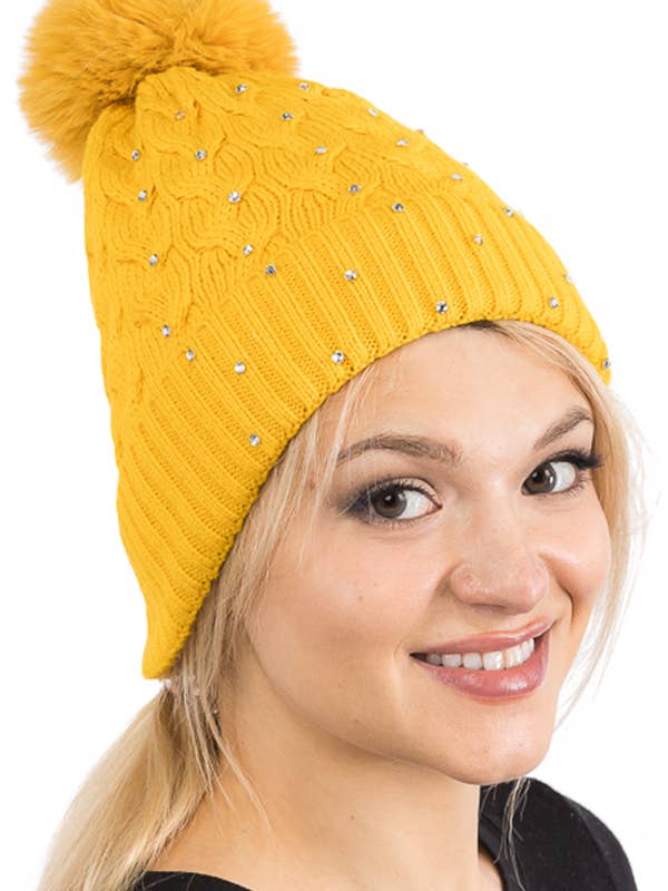Bling Rhinestone Basket Weave Loop Stitch Knitted Beanie for wholesale by Cap Zone