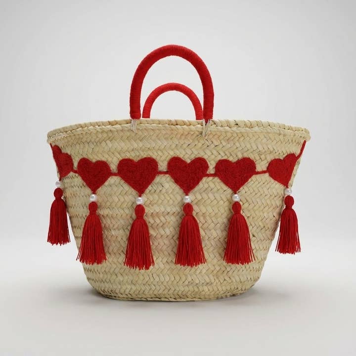 Melecraft – Cesta por atacado – Saco de Palha em Forma de Coração - Cesto Boho de Praia com Pompom Vermelho2