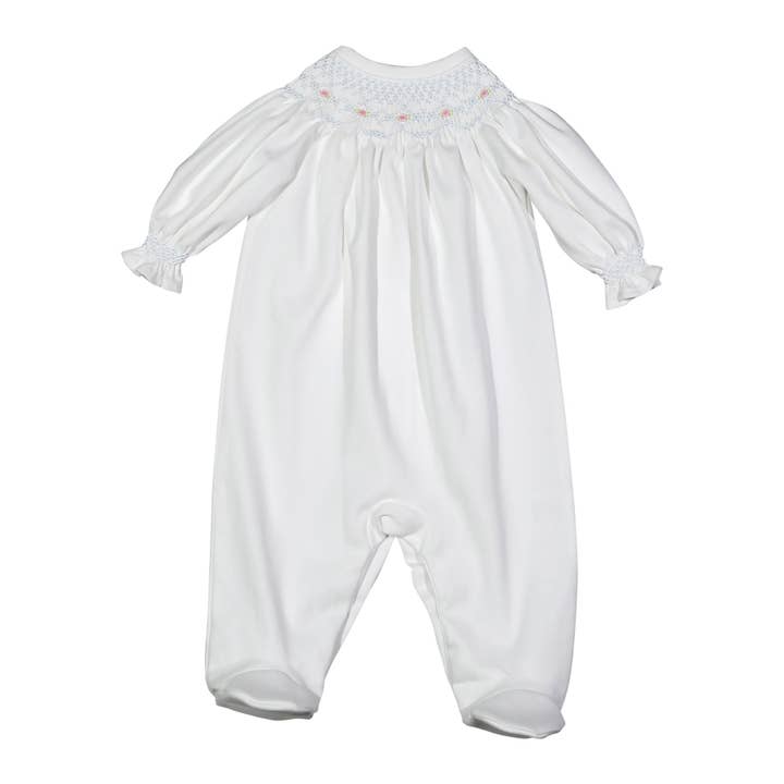 CLA-614 Claire White hand smocked Pima Bishop Footie for wholesale by Hug Me First