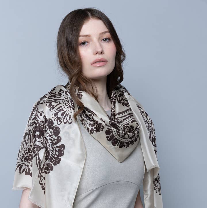 Pashmisy - Wholesale Scarf - Women's - Chocolate Paisley Habotai Silk Scarf0