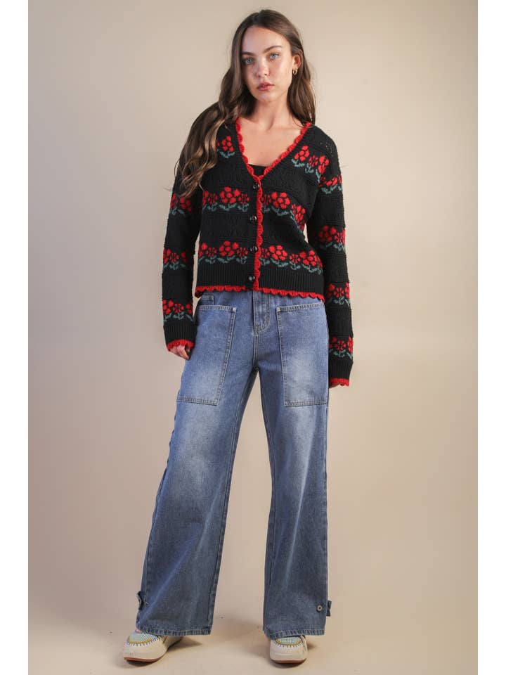 VERY J - Wholesale Cardigan - Women's - 12W3524N-Floral Graphic Detail Knit Sweater Cardigan4