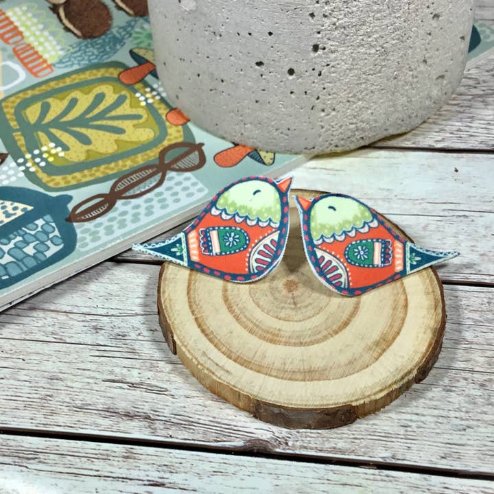 Folk Art Bird Stud Earrings for wholesale by Slumbermonkey Designs