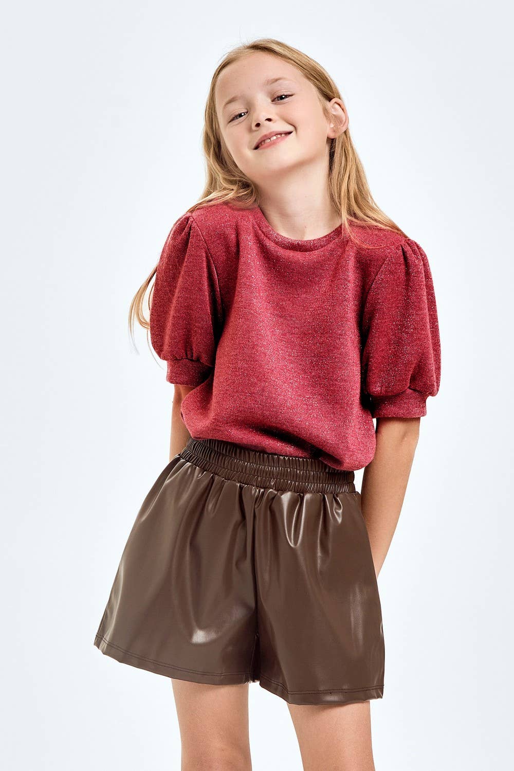 Good Girl - Wholesale Knit Top - Kids - Mink Lurex Short Puff Sleeves Top4