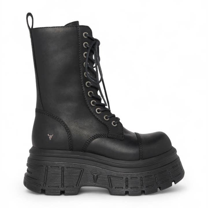 Bottes de combat à plateforme en cuir noir mi-mollet pour femmes Windsorsmith - Screaming pour la vente par Infinity Leather (Upperclass Fashions Ltd)