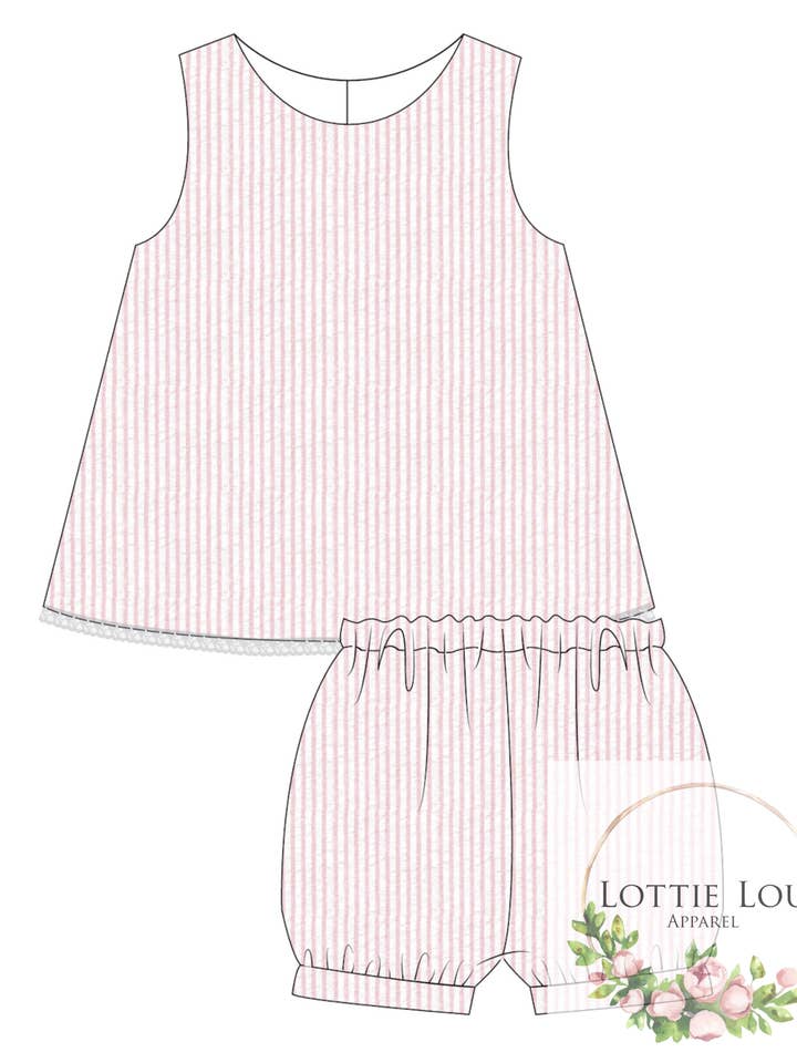 Heidi Tvådelad - Rosa Seersucker med spetskant för wholesale av Lottie Lou Apparel
