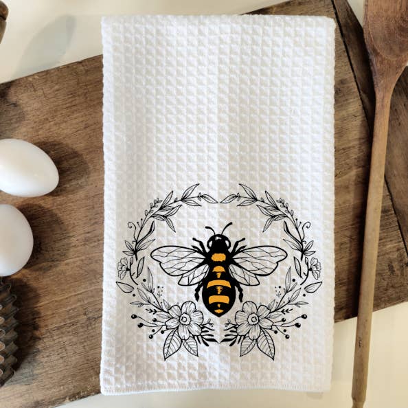 Honey Bee Waffle Weave Dish Towel Tea Towel for wholesale by Prairie Chicken Sticker Shop & Gifts
