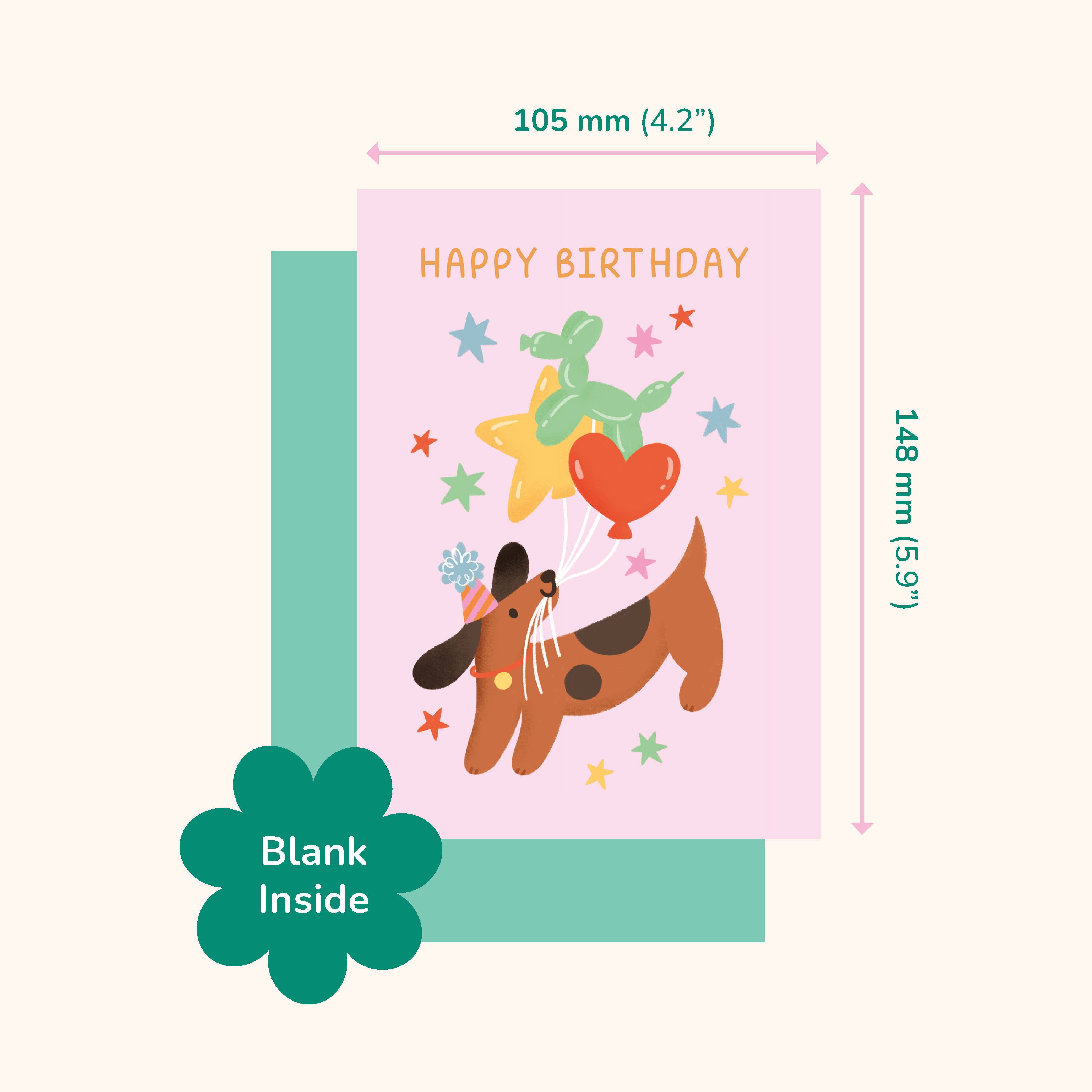 Hopscotch Paper Co. - Wholesale Birthday Card - Sausage Dog & Balloons! Dachshund Birthday Card3